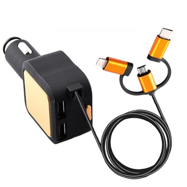 3in1 차량용 고속 충전기 릴케이블 차량용 충전기 USB 급속 - 상품 이미지