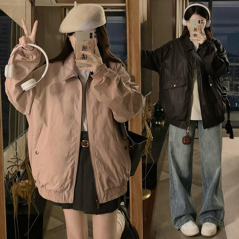 여성 양면 카라넥 루즈핏 오버핏 바람막이 점퍼 집업 자켓 간절기 데일리 캐주얼 아우터 봄 가을 코디 - 메인 이미지