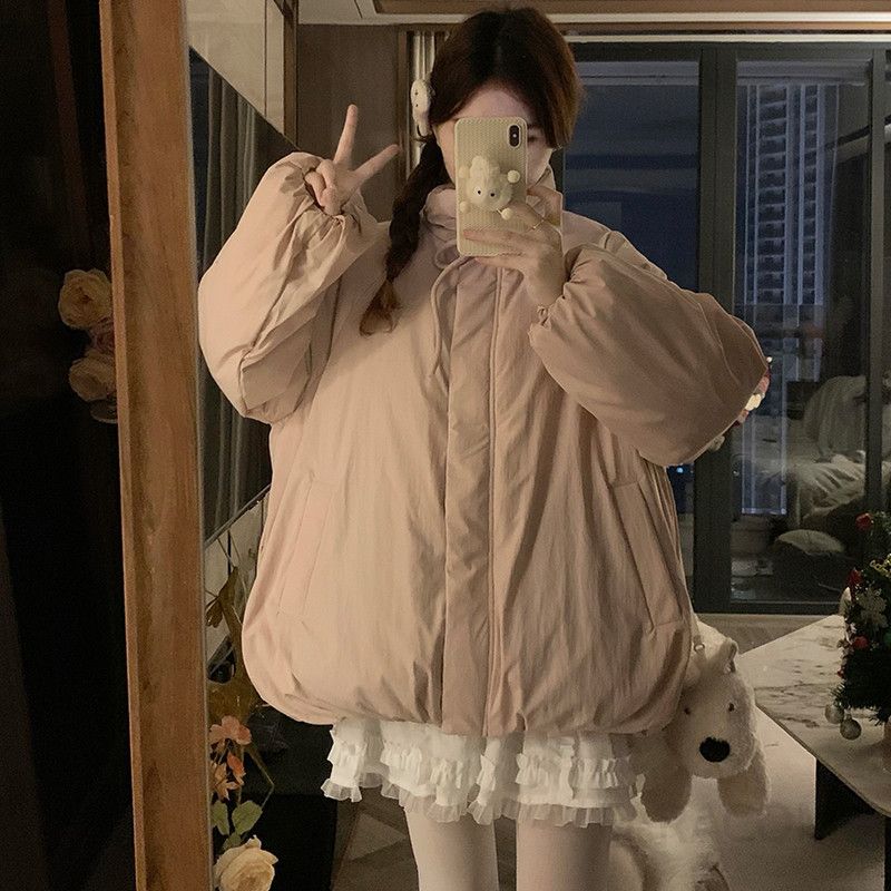 여성 빅사이즈 루즈핏 오버핏 웰론 숏패딩 점퍼 벌룬소매 하이넥 스트링넥 도톰한 폭신한 겨울 캐주얼 데일리 아우터 자켓 - 상세 이미지 3
