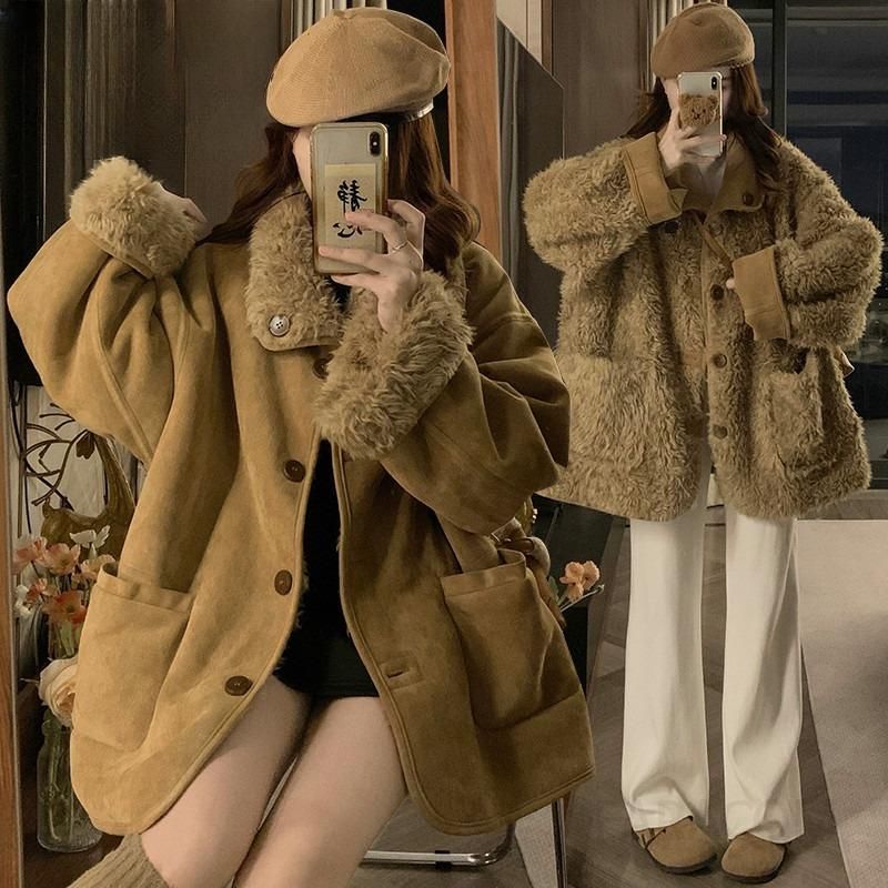 여성 양면 리버시블 퍼 무스탕 덤블 자켓 빅사이즈 루즈핏 따뜻한 겨울 오버핏 캐주얼 아우터 - 상품 이미지