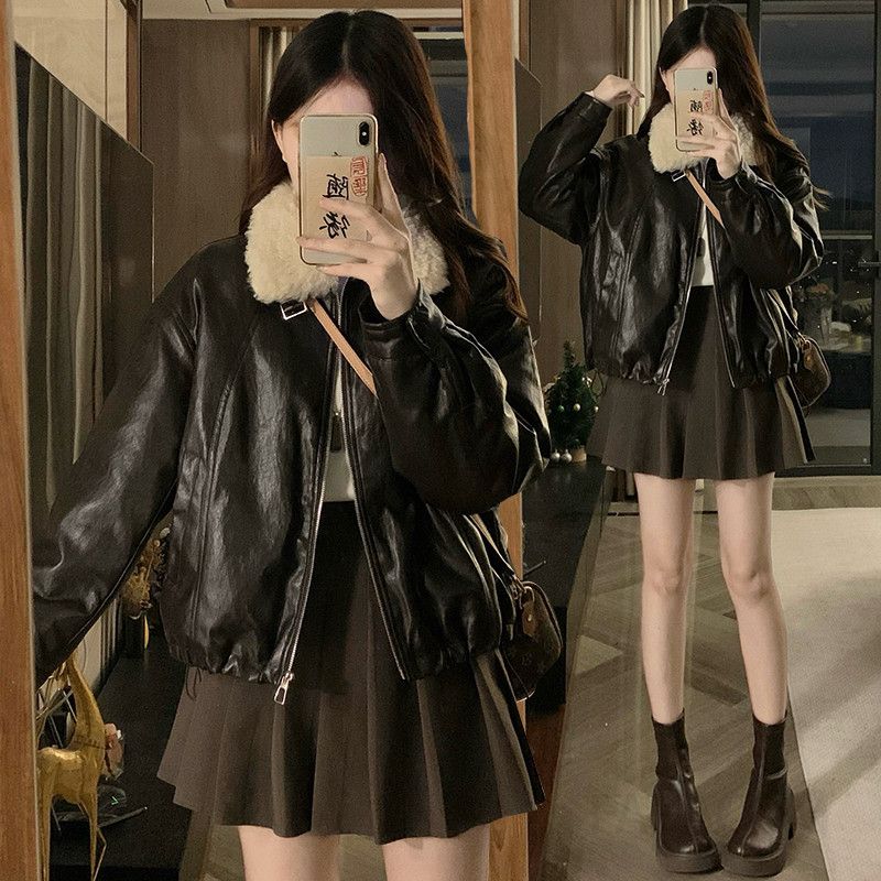 여성 빅사이즈 PU레더 숏 항공 점퍼 무스탕 뽀글이 카라 보온성 루즈핏 데일리 스타일리시 겨울 아우터 재킷 - 메인 이미지