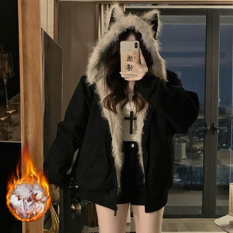 여성 빅사이즈 겨울 따뜻한 루즈핏 후드 퍼 숏패딩 야상 점퍼 자켓 아우터 데일리 힙한 캐주얼룩 - 상세 이미지 2