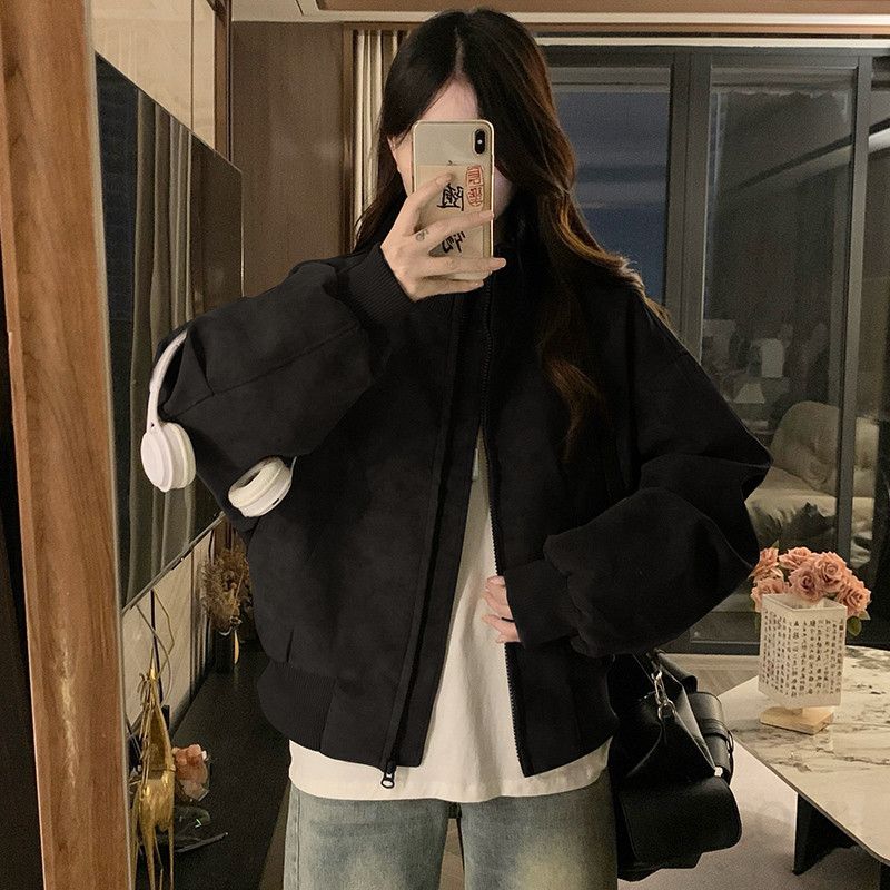 여성 빅사이즈 오버핏 스웨이드 아메카지 항공점퍼 가을 간절기 내피 겨울 누빔 숏패딩 보온 자켓 점퍼 - 상세 이미지 4