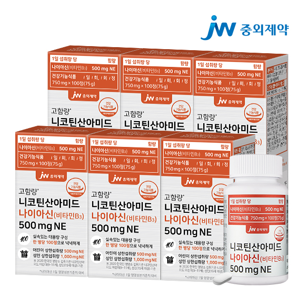 JW중외제약 니코틴산아미드 나이아신 비타민B3 500mgNE 100정, 6개 - 메인 이미지