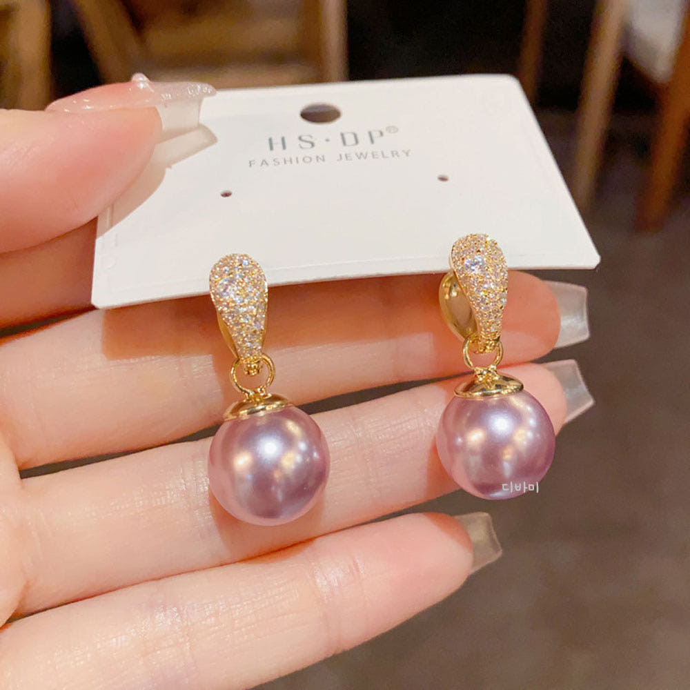 14K 퍼플 펄 진주 드롭 원터치 이어링 우아한 왕진주 귀걸이 이미지 8
