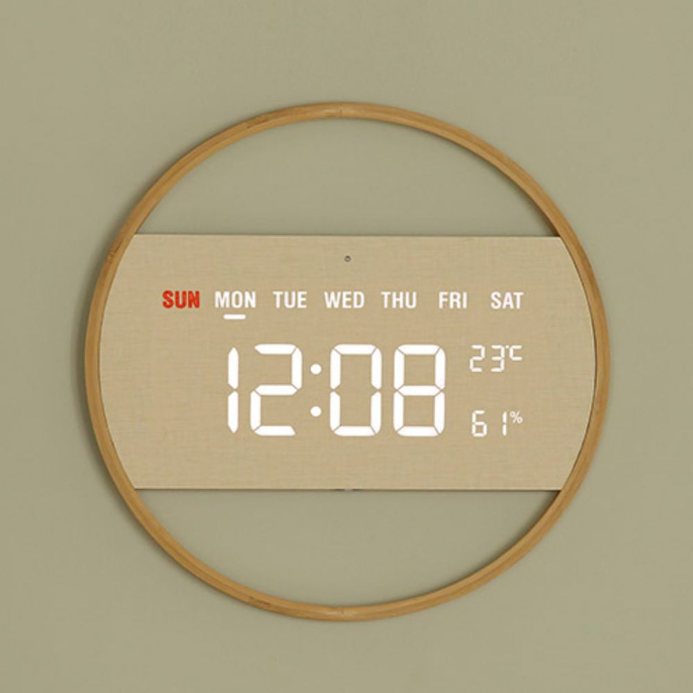 오아 우드 LED 벽시계 디지털 벽걸이 무소음 인테리어 온습도 전자 탁상용 시계 원형