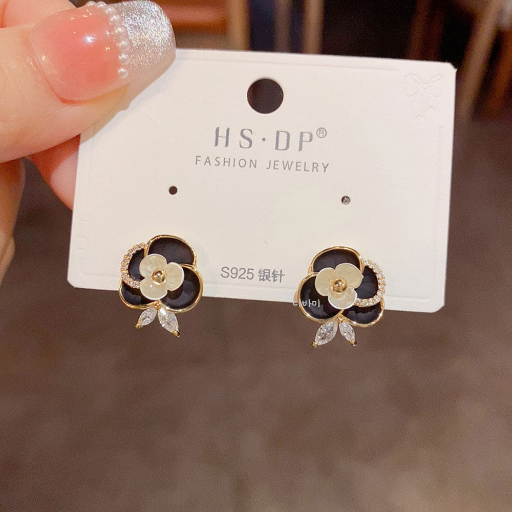 S925 동백꽃 귀걸이 14K 화이트 블랙 카멜리아 큐빅 단아한 이어링 이미지 8