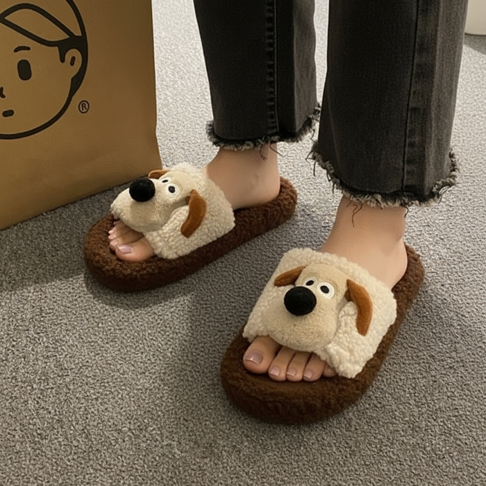 피카소 푹신 따뜻한 강아지 뽀글이 퍼 방한 슬리퍼 - 상세 이미지 5