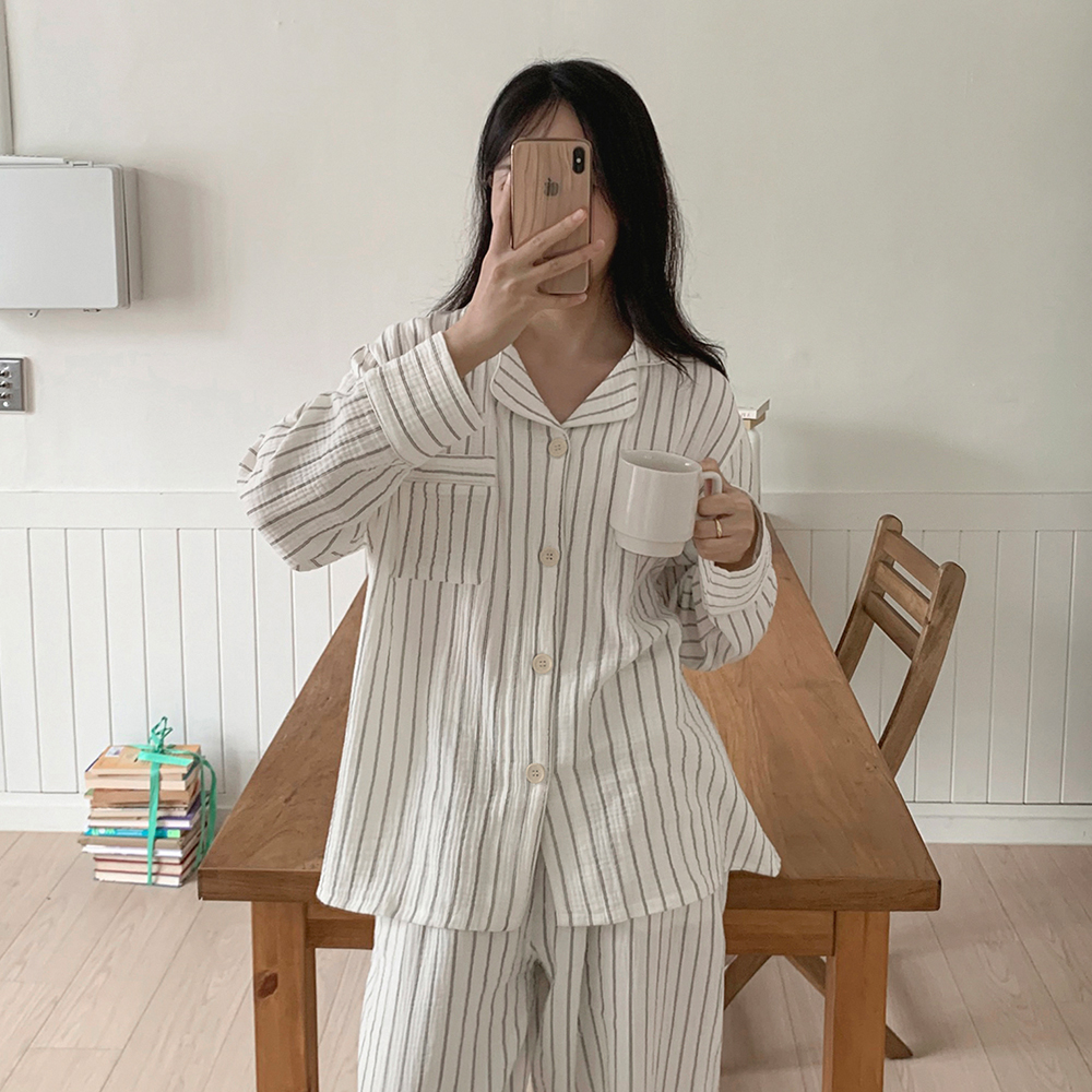 에어리 스트라이프 요루면 긴팔 커플파자마 남녀공용 잠옷세트 1color - 상세 이미지 2