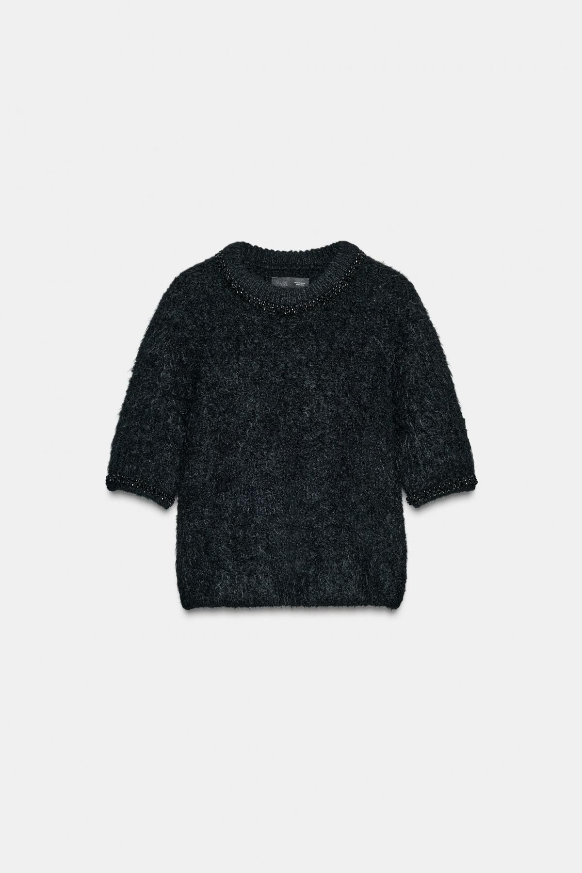 자라 블랙 비즈 라운드넥 반팔 니트 탑 2756/145 BLACK - 상품 이미지