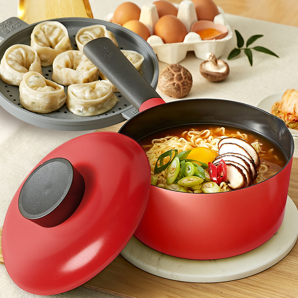 네오플램 라믈리에 인덕션 라면냄비 찜기포함 18cm, 레드 - 상품 이미지