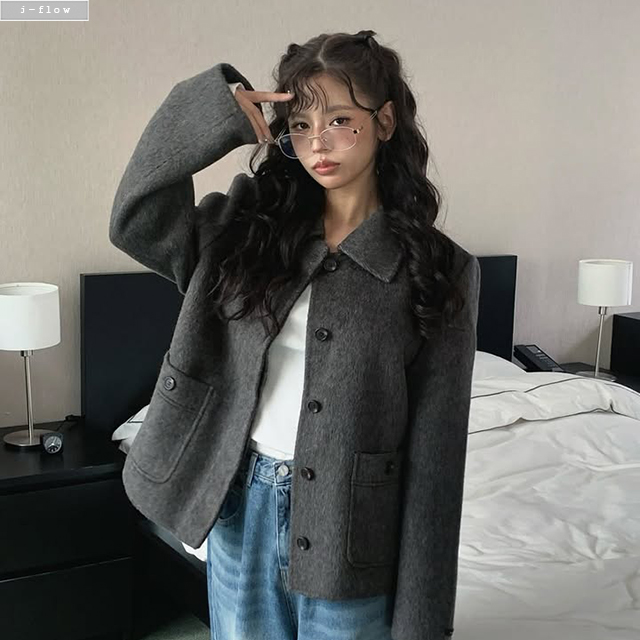 룩스 카라넥 오버핏 울 핸드메이드 자켓 3col 가을 겨울 숏코트 포켓 페미닌 제이플로우