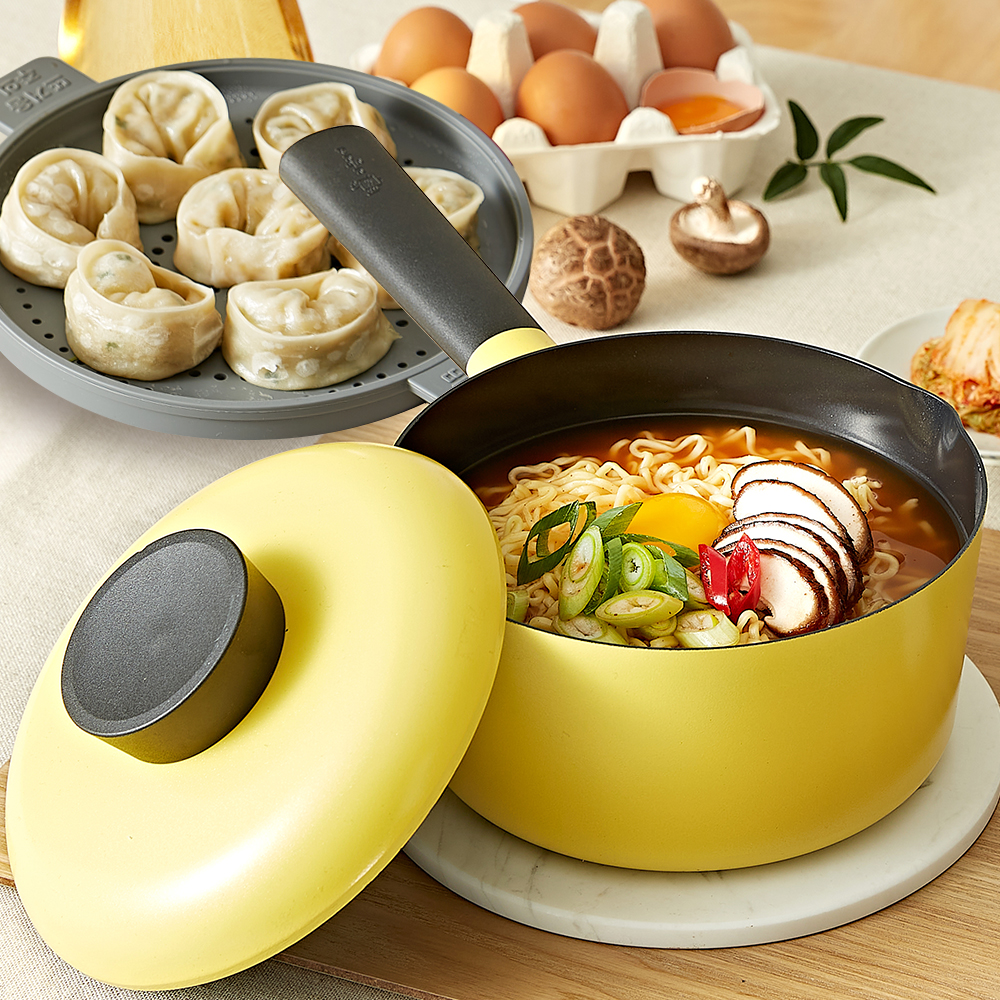 네오플램 라믈리에 인덕션 라면냄비 찜기포함 18cm, 옐로우 - 메인 이미지