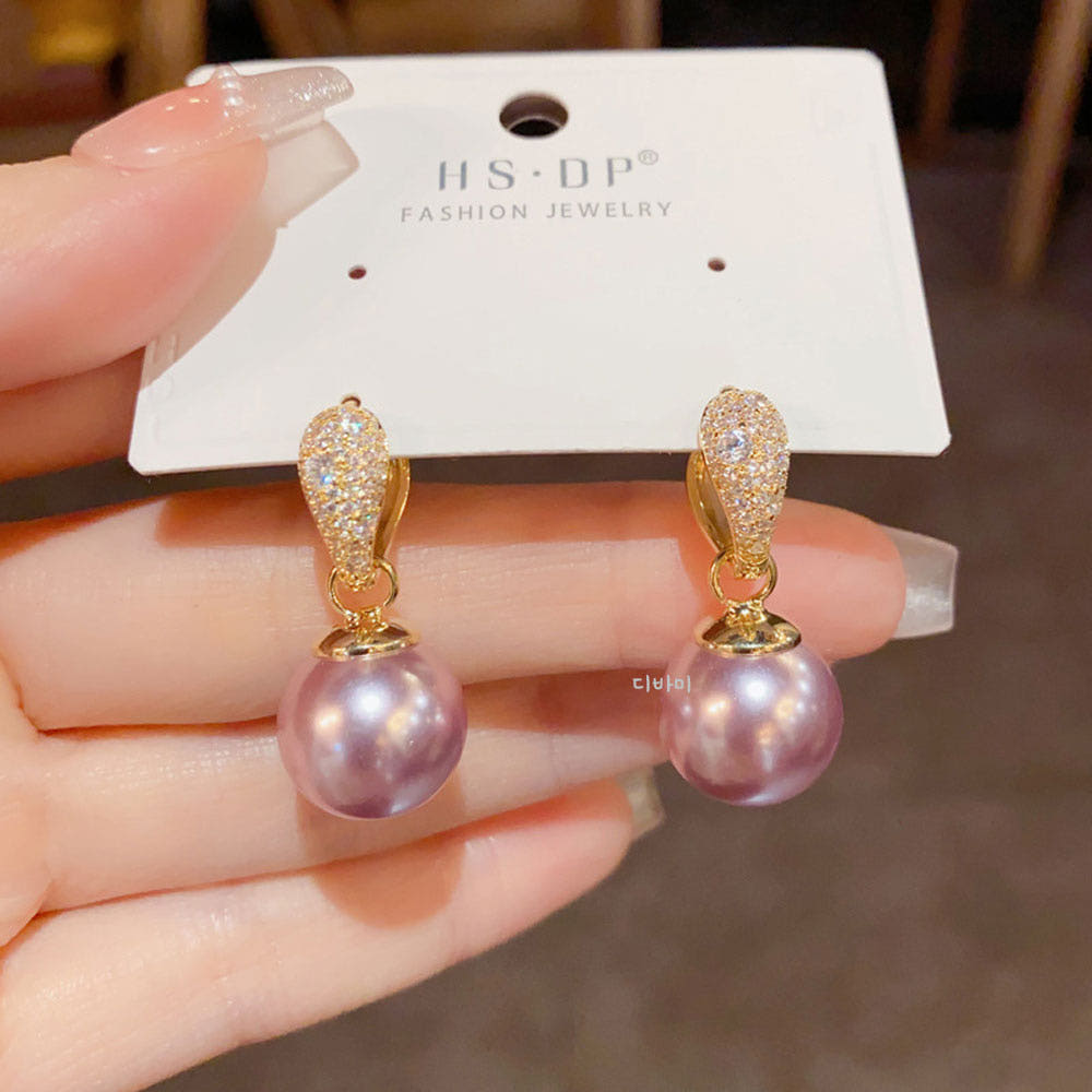 14K 퍼플 펄 진주 드롭 원터치 이어링 우아한 왕진주 귀걸이 이미지 6