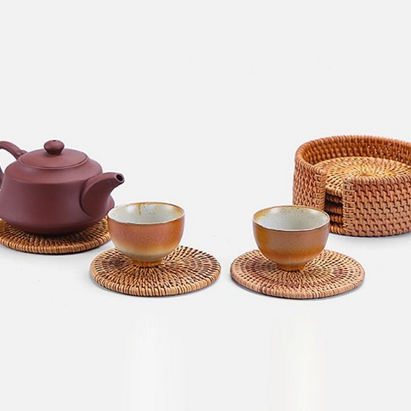 원형 라탄 컵 받침 핸드메이드 라탄 티 코스터 찻잔 받침대 - 메인 이미지