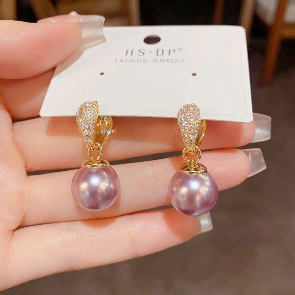 14K 퍼플 펄 진주 드롭 원터치 이어링 우아한 왕진주 귀걸이 - 상세 이미지 2