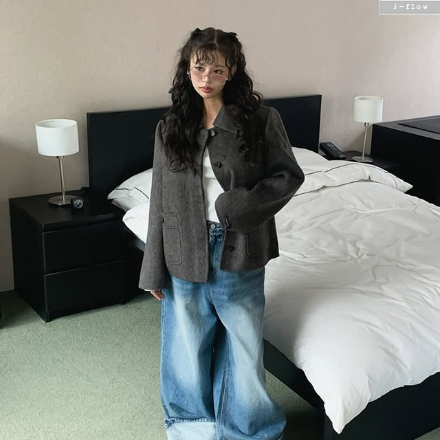 룩스 카라넥 오버핏 울 핸드메이드 자켓 3col 가을 겨울 숏코트 포켓 페미닌 제이플로우