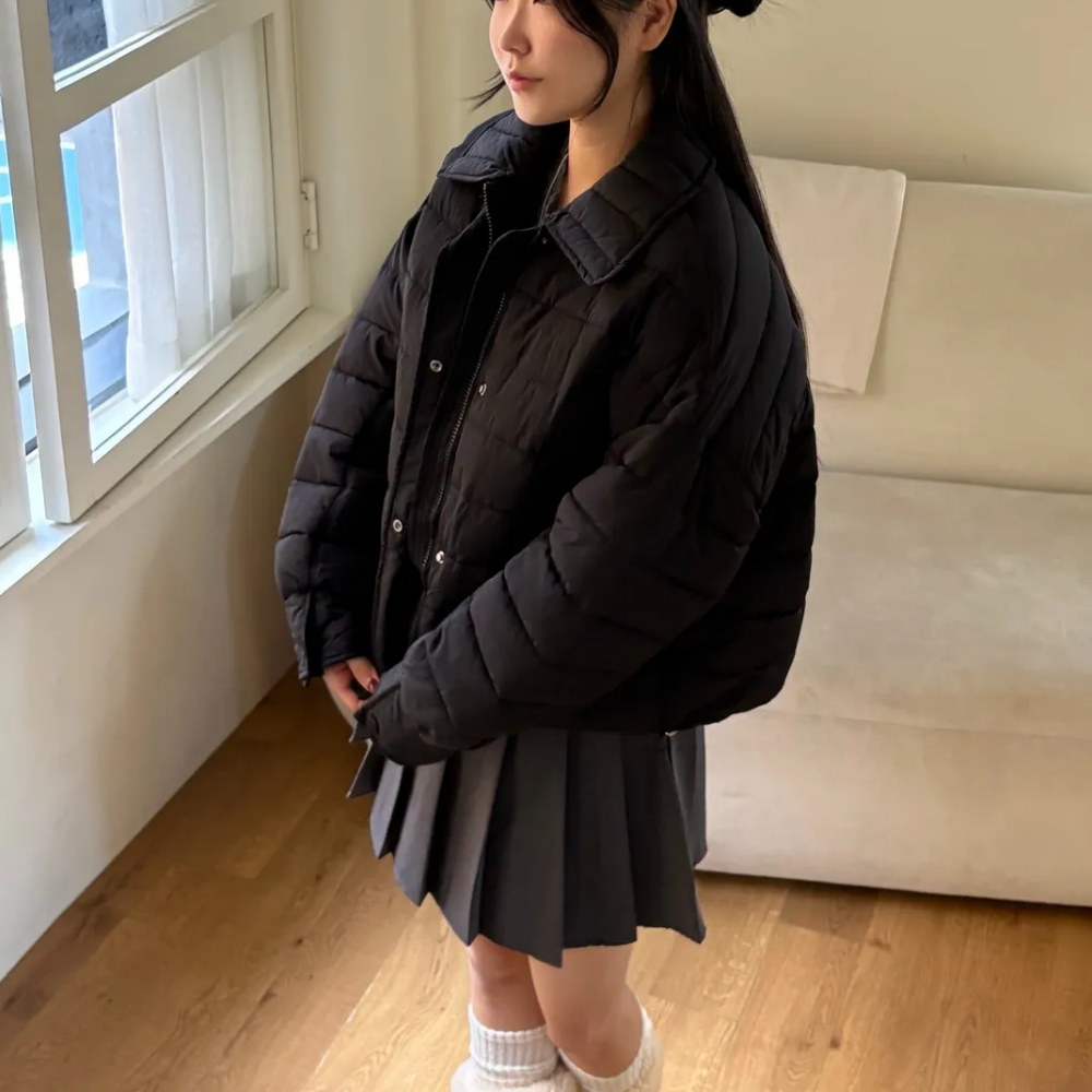 숏 카라 오버핏 누빔 숏 패딩 여성 점퍼 - 상세 이미지 3