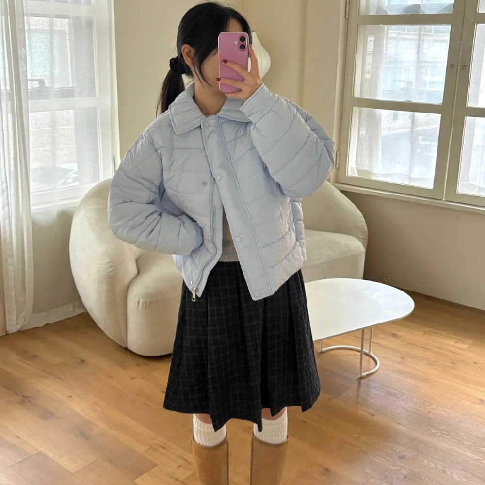 숏 카라 오버핏 누빔 숏 패딩 여성 점퍼 - 상세 이미지 2