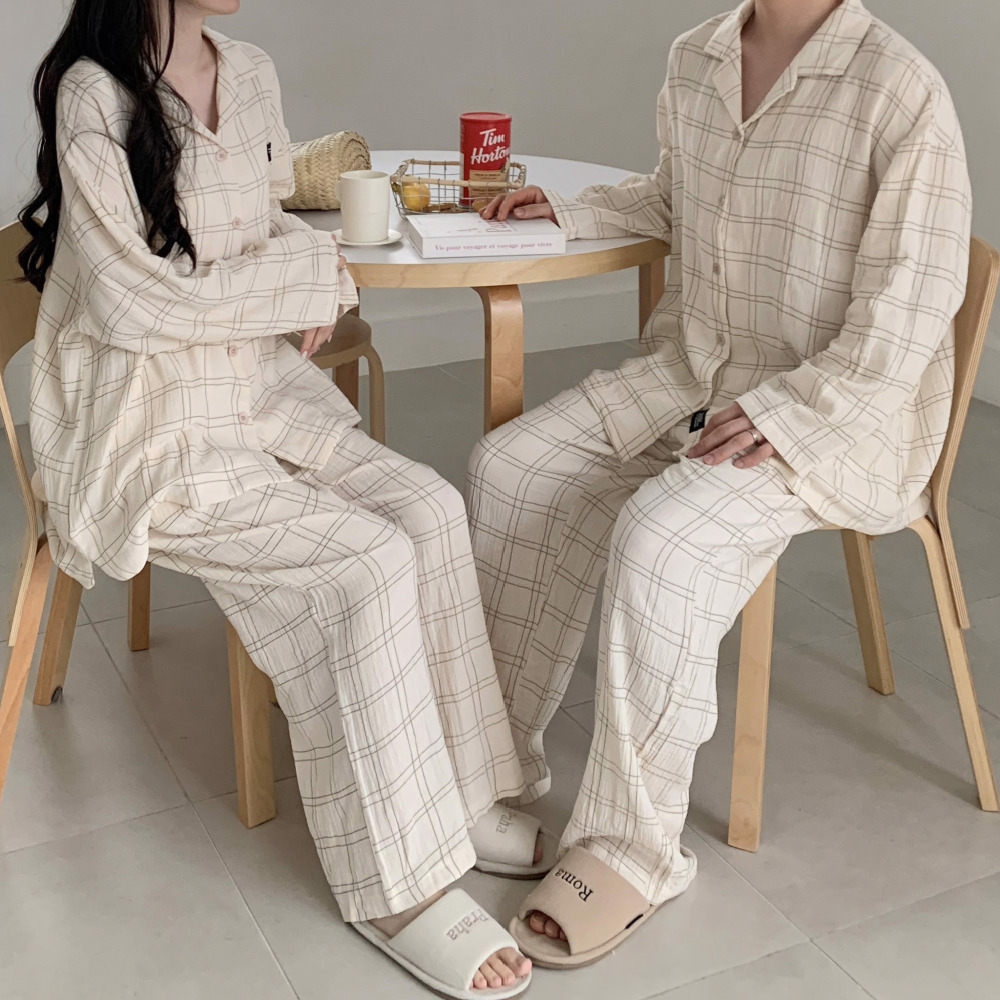 요루면잠옷 순면잠옷 커플파자마 긴팔 체크 거즈면 빅사이즈 홈웨어 노벨리 세트 이미지 3