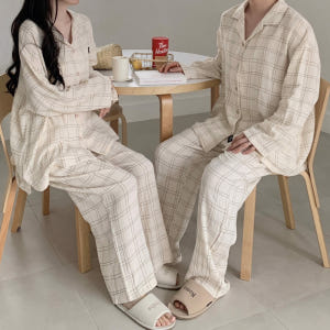 요루면잠옷 순면잠옷 커플파자마 긴팔 체크 거즈면 빅사이즈 홈웨어 노벨리 ... 착용 후기 | 사이즈/핏 총정리 - 상품 이미지 3