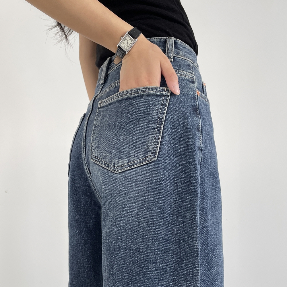 여성기모청바지 가을 겨울 하이웨스트 와이드 진청데님 키큰여자 통바지 어썸블루진 - 상세 이미지 5