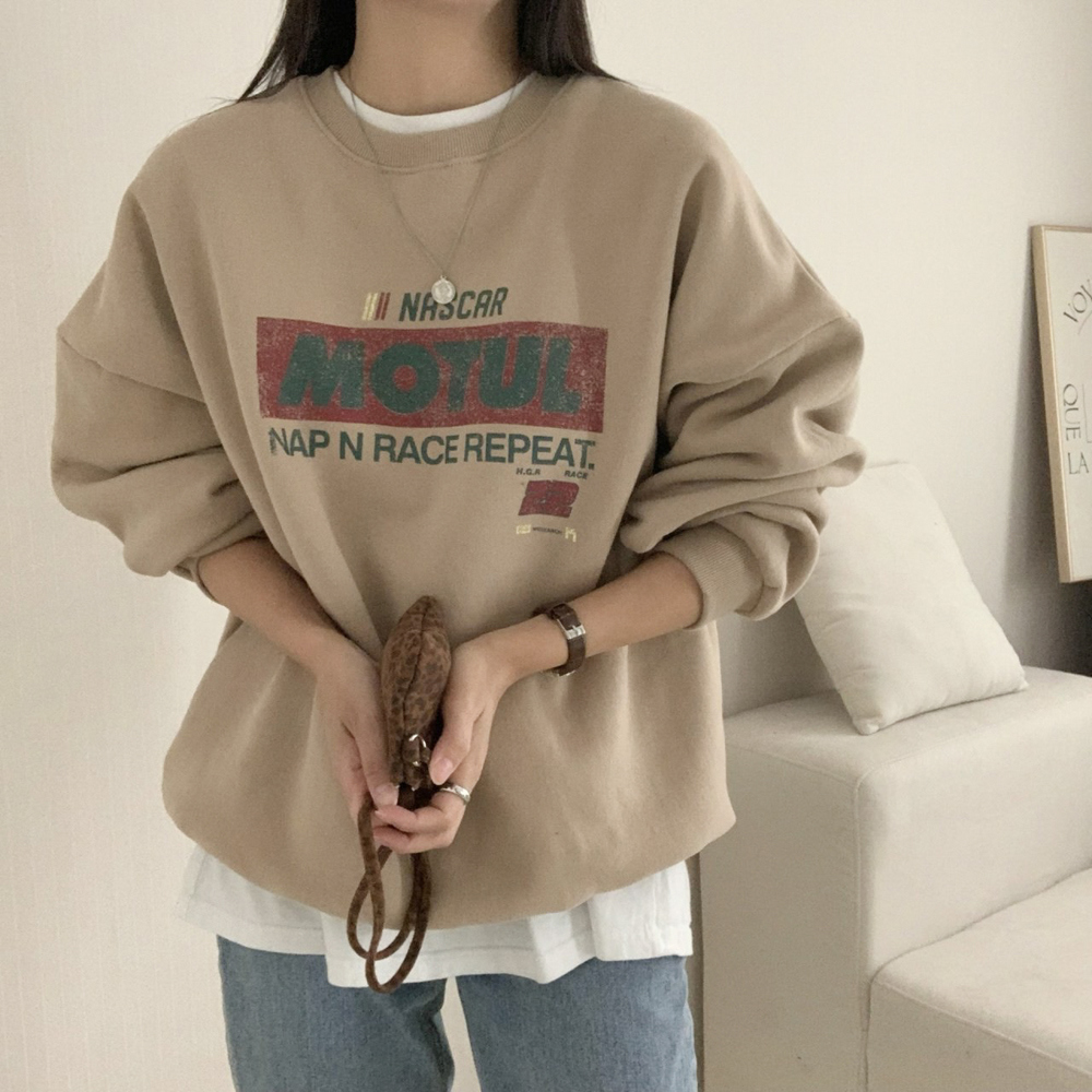여성 겨울 양기모 모툴 프린팅 맨투맨 꾸안꾸 빅사이즈 루즈핏 맨투맨티 - 상품 이미지