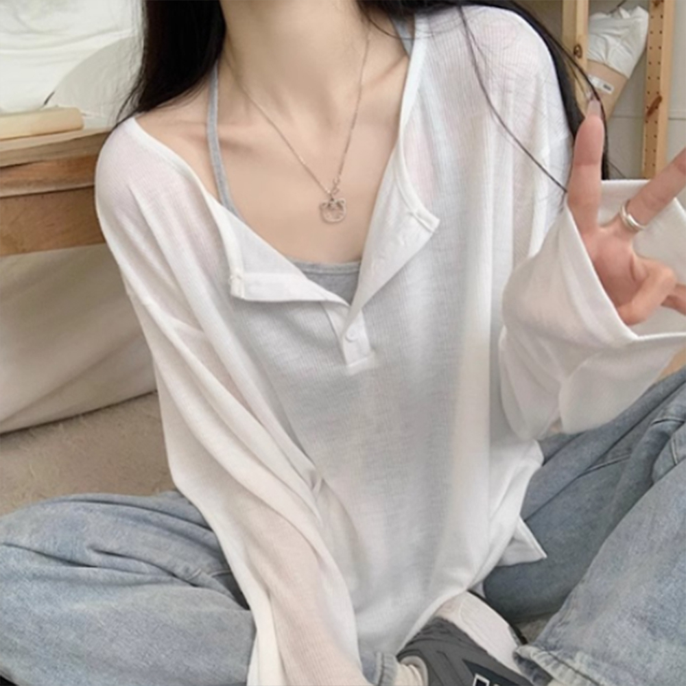 여성 티셔츠 여자 루즈핏 기본 20대 학생 무지 가을 봄 긴팔 겨울 여름 헨리넥 데이트 - 상품 이미지