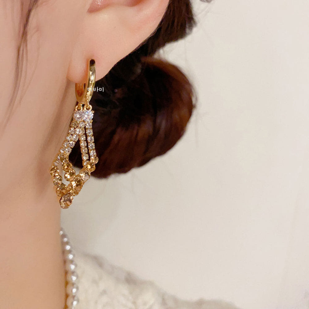 14K 더블 레이어 다이아 원터치 귀걸이 볼드 드롭 큐빅 이어링 - 상세 이미지 5