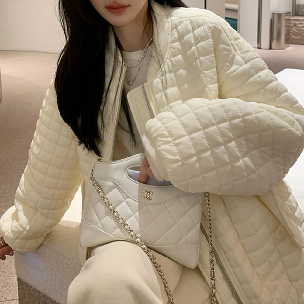 여성 얇은 패딩 노카라 야샹 퀼팅 경량 숏 집업 간절기 - 상세 이미지 2