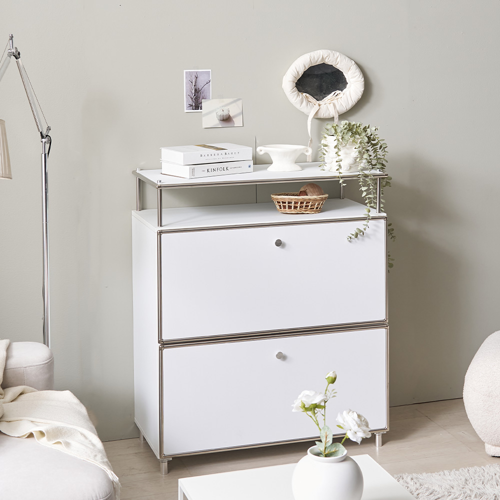 플로이 모듈가구 미드센츄리 선반 수납 서랍장 800x400x940, 2단, 화이트 MWF359C