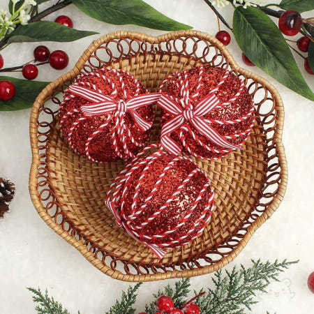 YWstore 트리 장식볼 레드 3개입 8cm 리본끈회오리 크리스마스장식볼