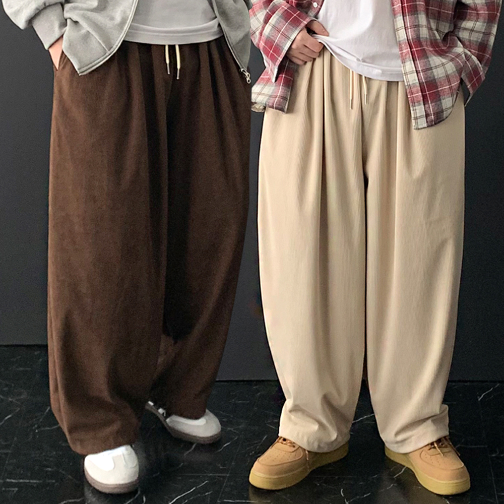 남자 골덴바지 벌룬핏 남성 겨울 코듀로이팬츠 와이드 방한 기모 빅 사이즈 투턱 핀턱 밴딩 제품 이미지