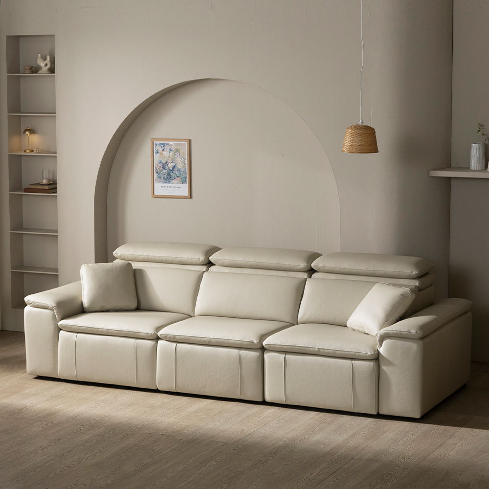 [4인 쇼파] 미코하임 아우라 천연면피 황소 가죽 슬라이딩 확장 거실 리클라이너 소파 스툴미포함, 샌드베이지, 4인용