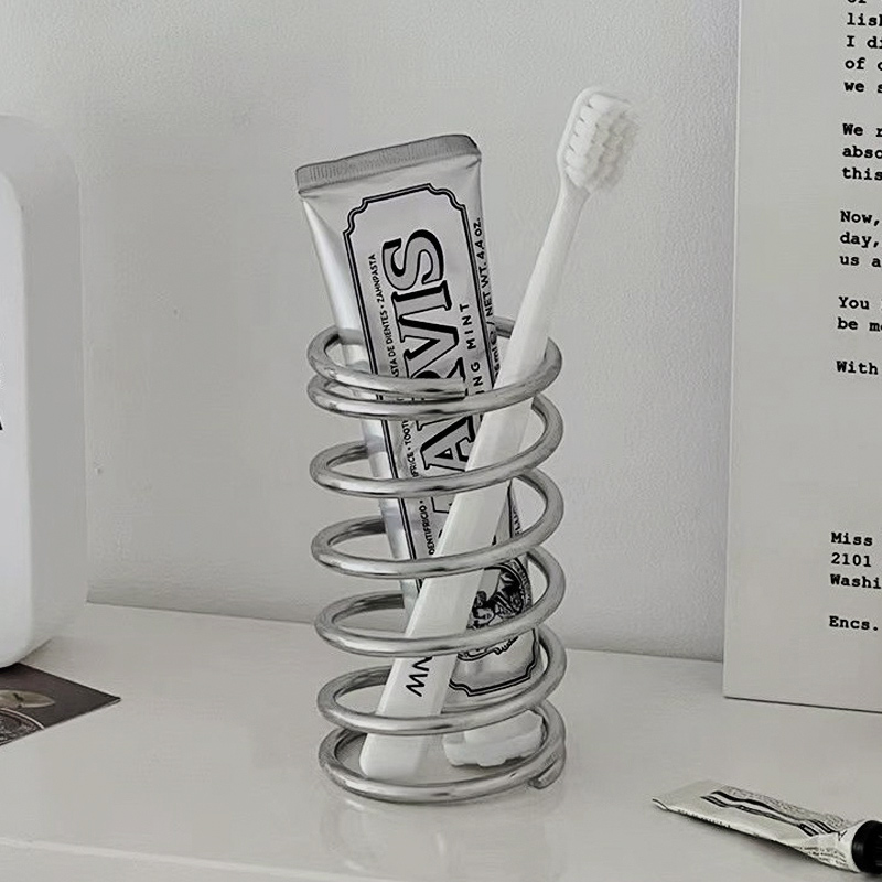 스테인리스 스텐 메탈 스프링 칫솔 꽂이 거치대 욕실 쇠테리어 다용도 수납 치약 홀더 - 상품 이미지