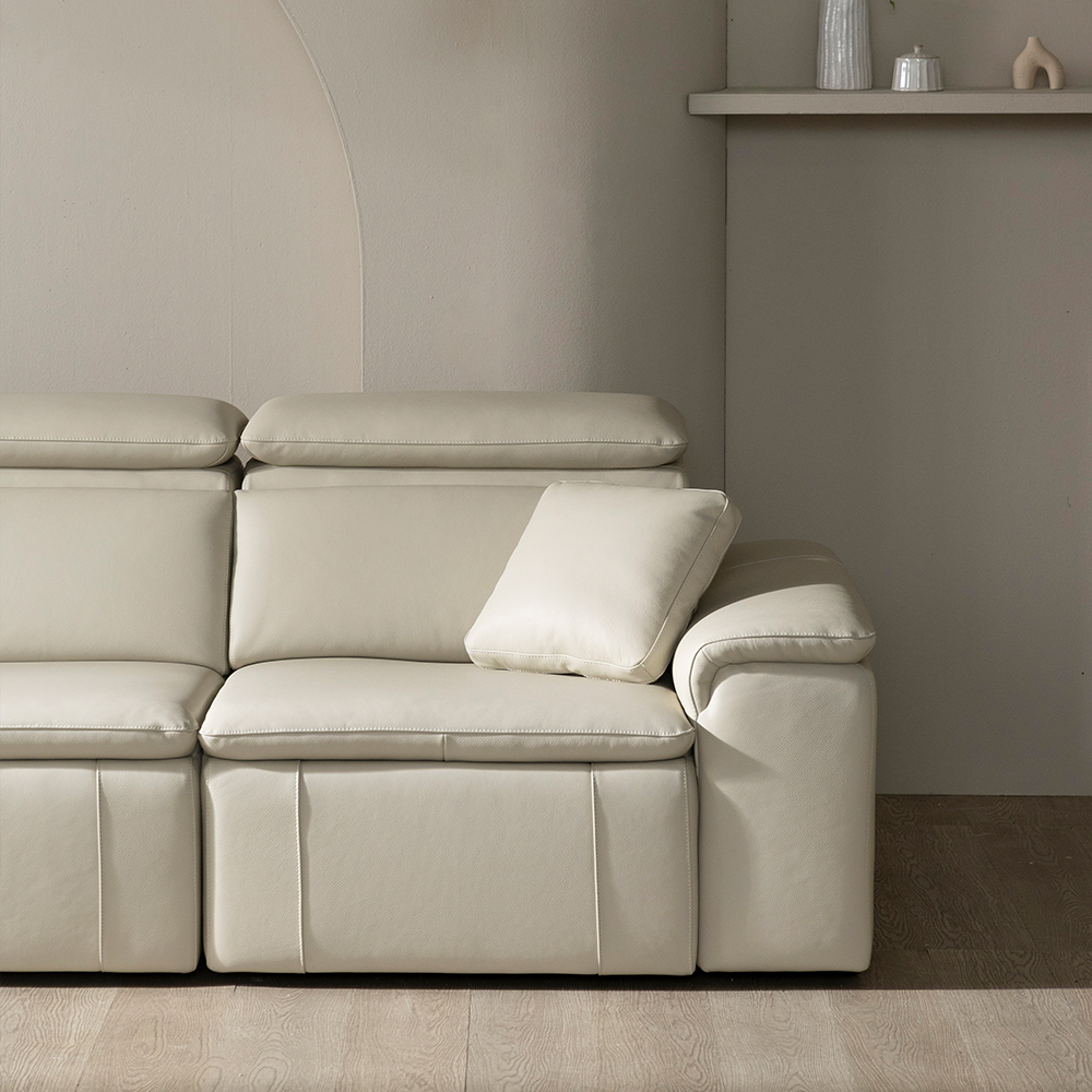 [4인 쇼파] 미코하임 아우라 천연면피 황소 가죽 슬라이딩 확장 거실 리클라이너 소파 스툴미포함, 샌드베이지, 4인용