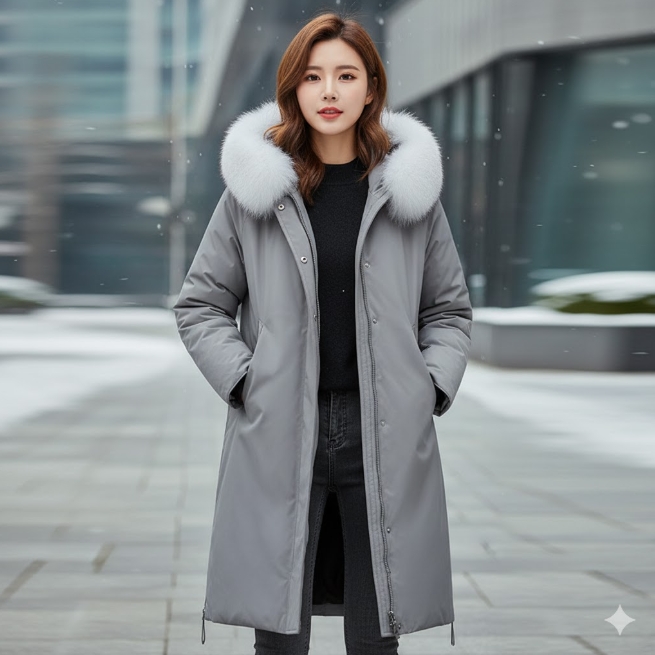 블랙야크 겨울 여자 폭스퍼 방풍 아웃도어 세미오버핏 오리털 롱다운점퍼 - 상세 이미지 2