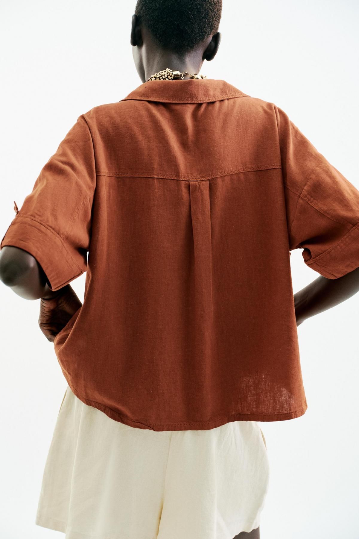 자라 린넨블렌드 크롭 반팔 셔츠 2187/813 TERRACOTTA - 상세 이미지 5