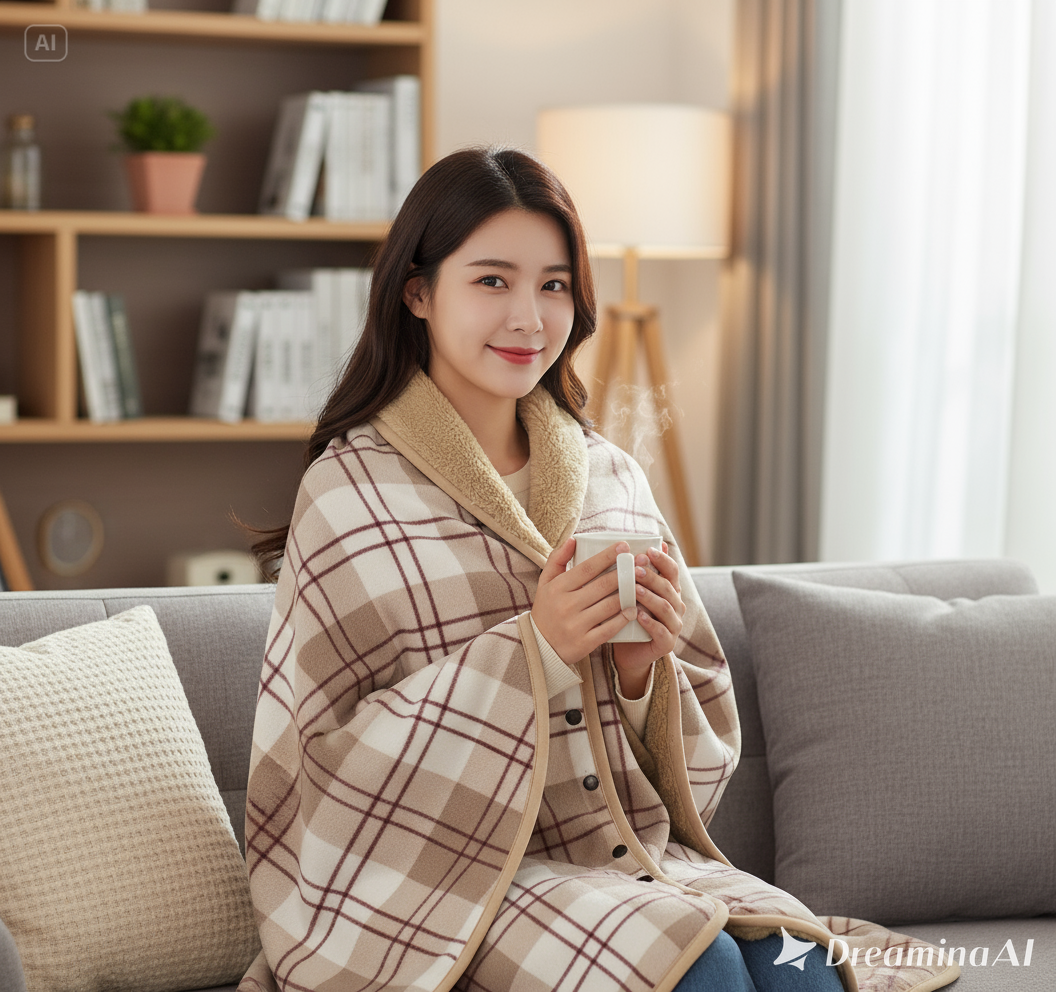 한성 극세사 단추 융털 무릎담요 어깨겸용 보온 입는담요 망또형 체크브라운, 80x135cm - 메인 이미지