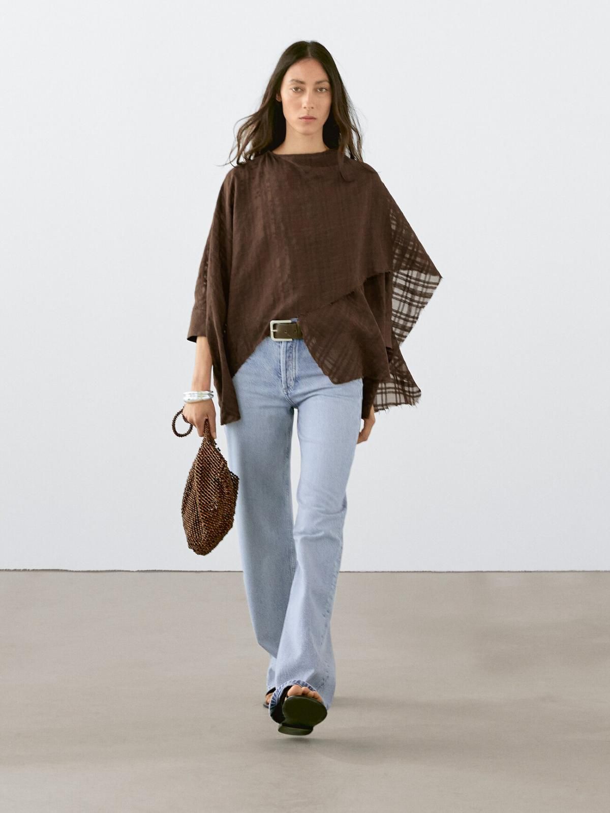 마시모두띠 체크 린넨블렌드 프레이드 케이프 5127/539 BROWN - 상세 이미지 2