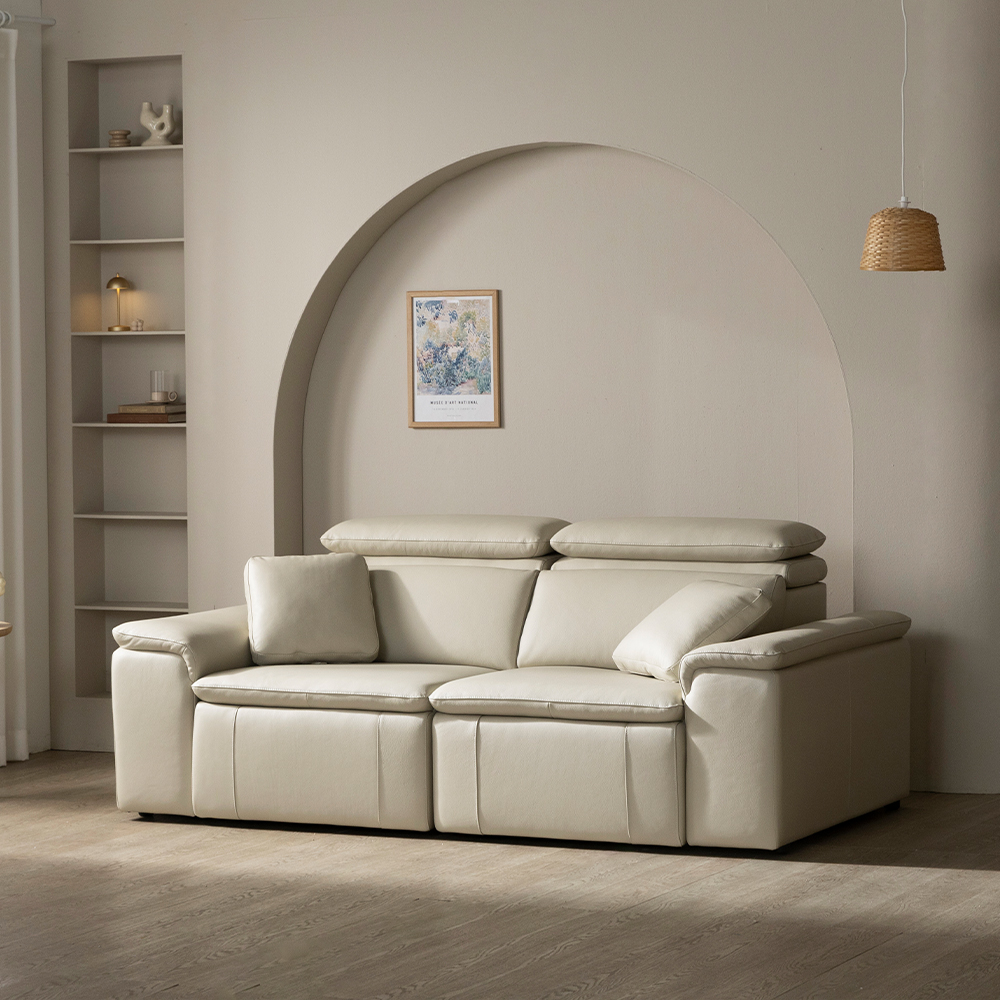 [4인 쇼파] 미코하임 아우라 천연면피 황소 가죽 슬라이딩 확장 거실 리클라이너 소파 스툴미포함, 샌드베이지, 4인용