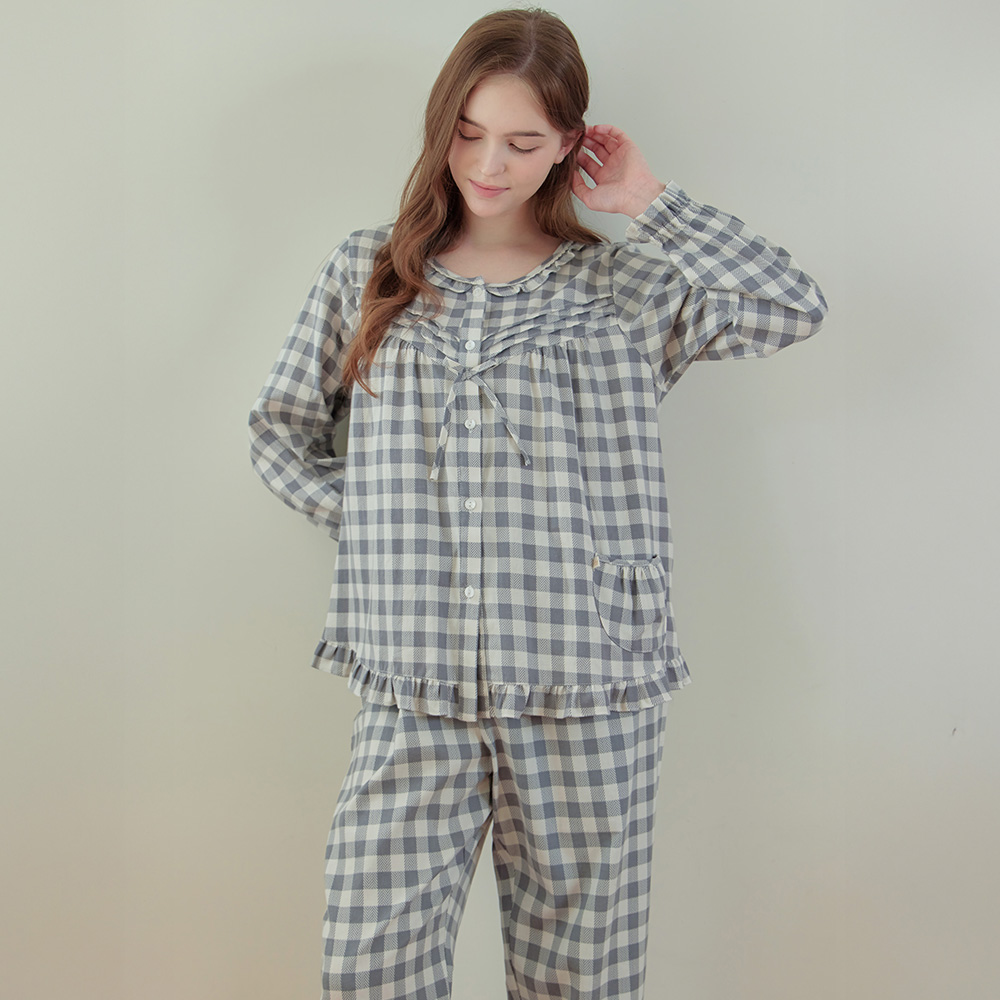G클럽체크 긴팔 약기모 순면 빅사이즈 여성 홈웨어 잠옷 세트 제품 이미지