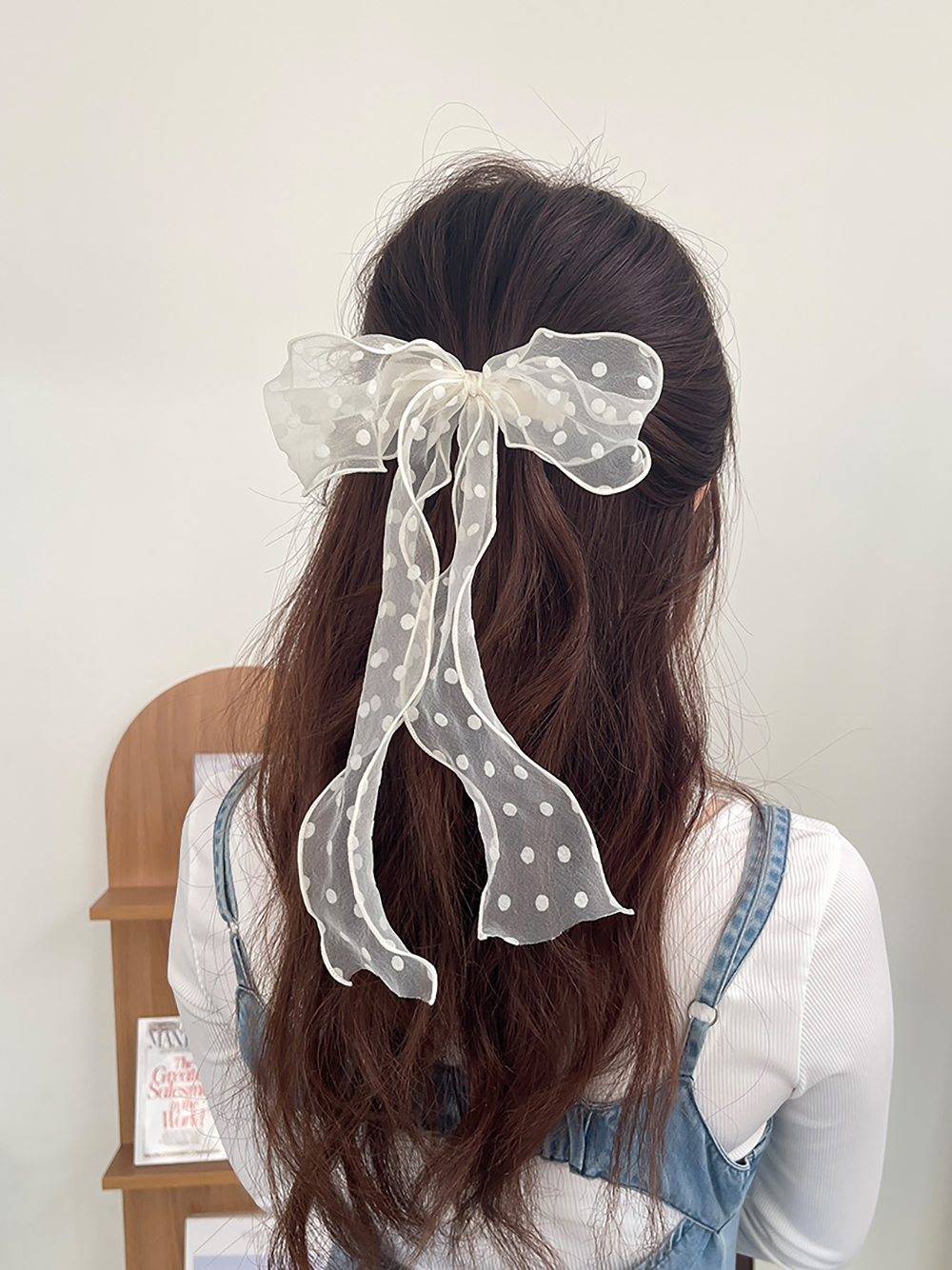도트쉬폰롱리본핀 머리핀 헤어핀 왕리본핀 예쁜머리핀 삔 - 상품 이미지