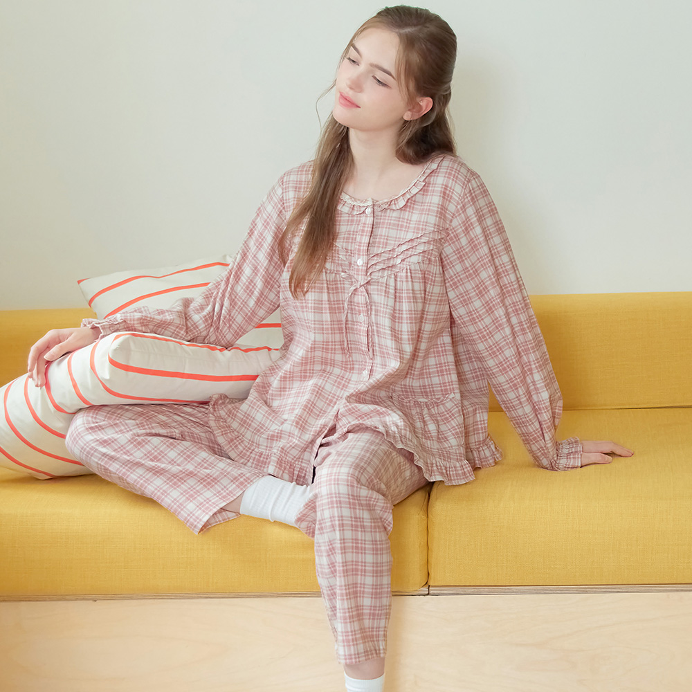 아이스핑크 긴팔 약기모 순면 빅사이즈 여성 홈웨어 잠옷 세트 제품 이미지