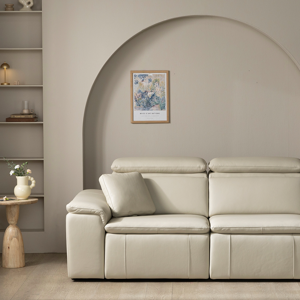 [4인 쇼파] 미코하임 아우라 천연면피 황소 가죽 슬라이딩 확장 거실 리클라이너 소파 스툴미포함, 샌드베이지, 4인용