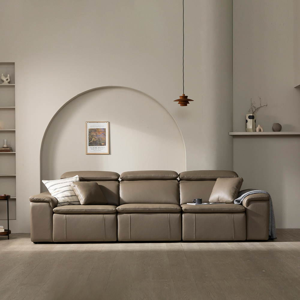 [4인 쇼파] 미코하임 아우라 천연면피 황소 가죽 슬라이딩 확장 거실 리클라이너 소파 스툴미포함, 토프브라운, 4인용