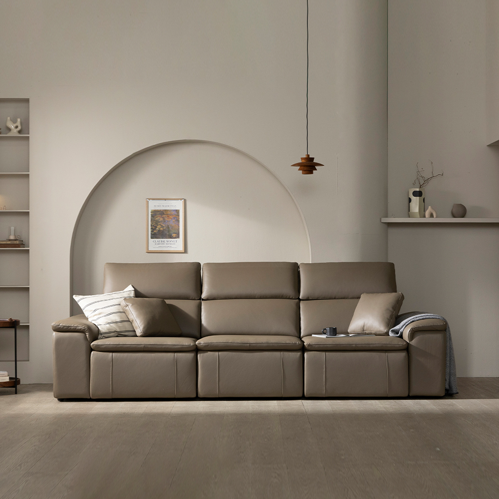 [4인 쇼파] 미코하임 아우라 천연면피 황소 가죽 슬라이딩 확장 거실 리클라이너 소파 스툴미포함, 토프브라운, 4인용