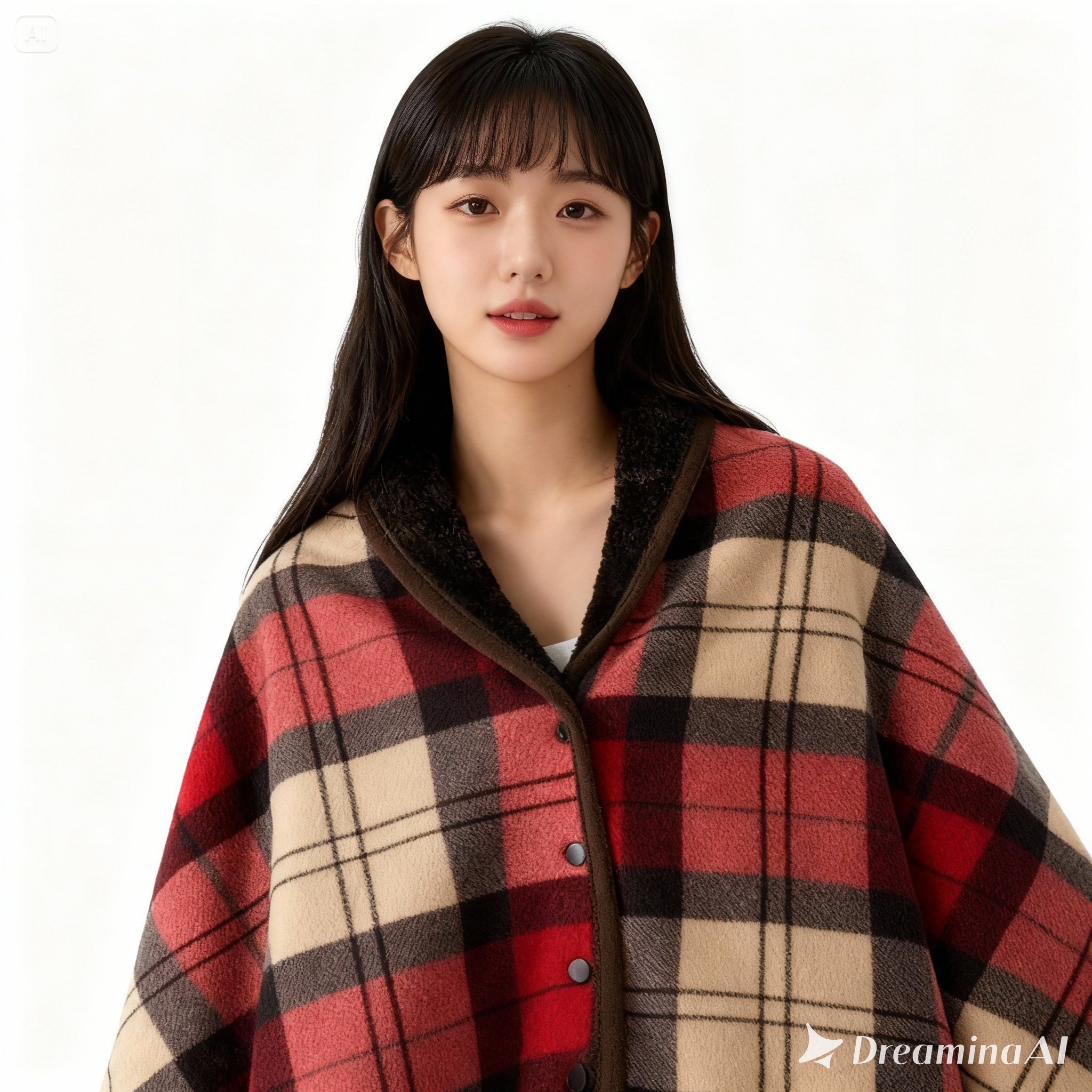한성 극세사 단추 융털 무릎담요 어깨겸용 보온 입는담요 망또형 체크레드, 80x135cm - 메인 이미지
