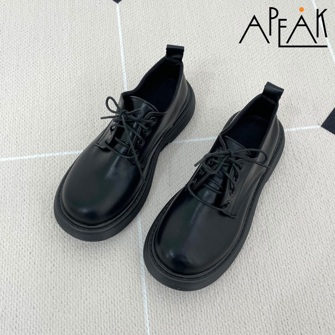 여성 4cm 라운드 레이스업 둥근코 통굽 플랫로퍼 블랙 - 상세 이미지 2