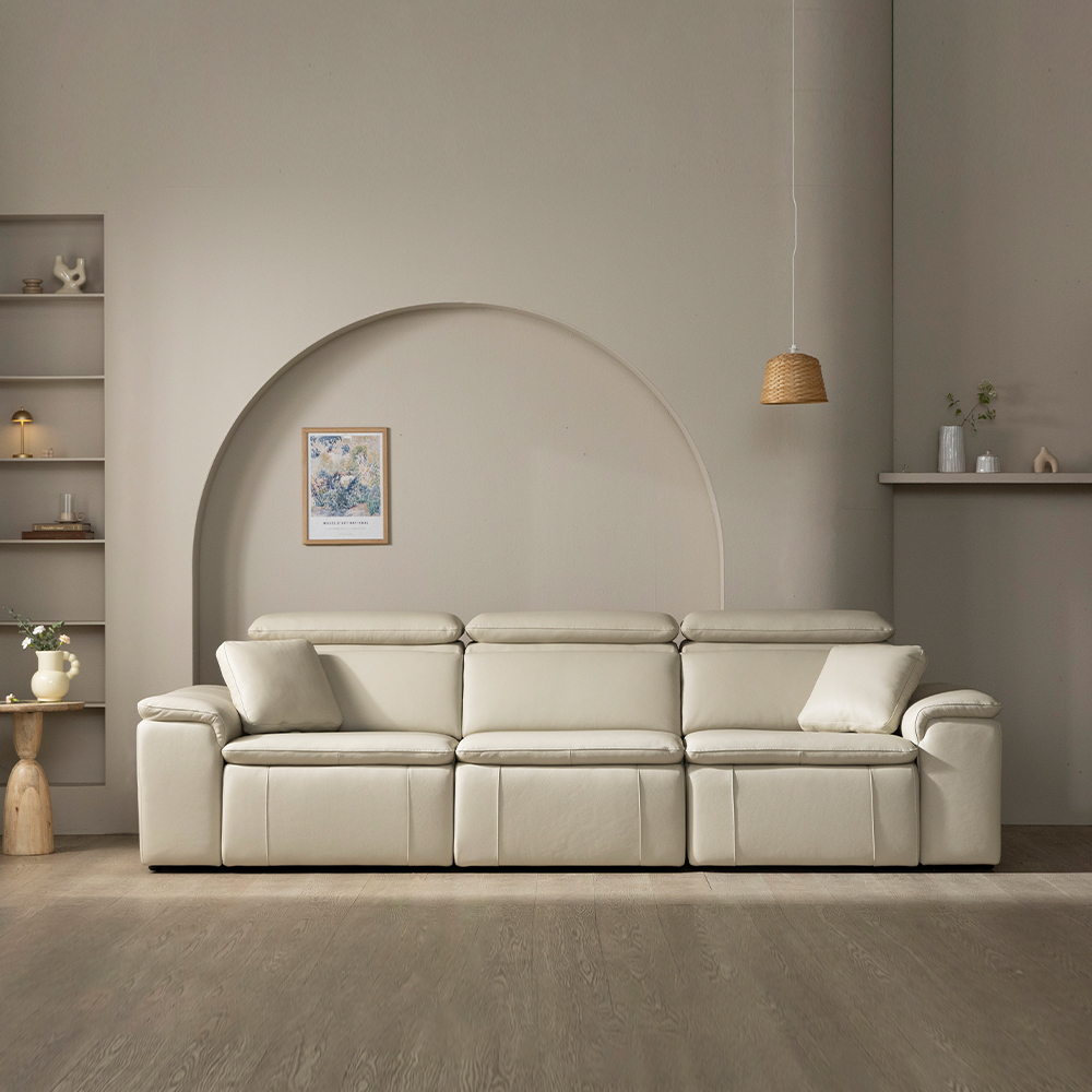 [4인 쇼파] 미코하임 아우라 천연면피 황소 가죽 슬라이딩 확장 거실 리클라이너 소파 스툴미포함, 샌드베이지, 4인용